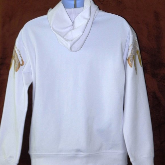 NEW MEN HEADS OR TAILS Rhinestone Glitter HOODIE PULLOVER SWEATSHIRT White - Picture 5 of 5